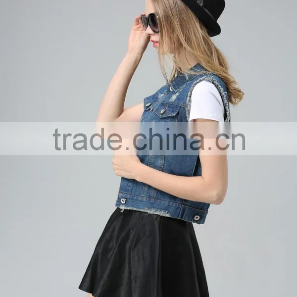 Ladies Cotton Spandex Stretch Vintage Blue Denim Vest With Studs and Rhinestones Decoration photo-5