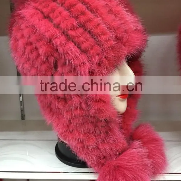 Korea Style Fashion Women Mult Color Kintted Mink Fur Hat With Pompoms photo-2