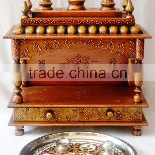 Hand Painted Copper Finish Wooden Temple With 2 Drawers photo-5