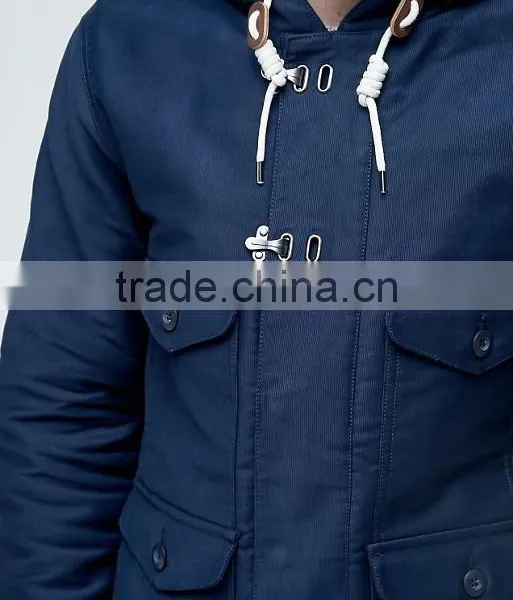 2017 Best Price Durable Press-Stud Fastening Drawstring Hood 100% Cotton Twill Navy Casual Men Winter Jacket photo-3