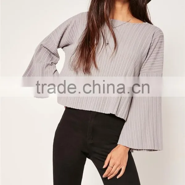 MGOO Custom Made 2017 Fashion Tops Sheer Neck Long Sleeves T-shirt Cotton Spandex Flare Sleeves Manufacturer photo-2
