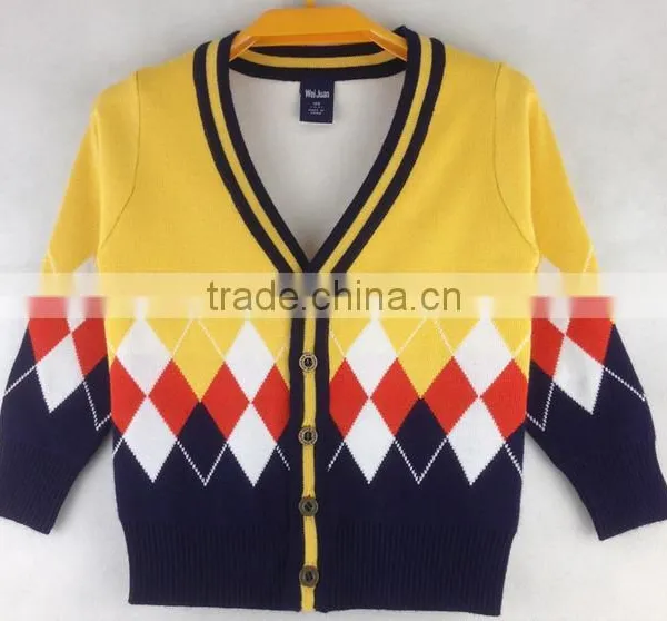 Custom Boys Kids V-neck Button-down Diamond Argle Cotton Cardigan Sweaters photo-4
