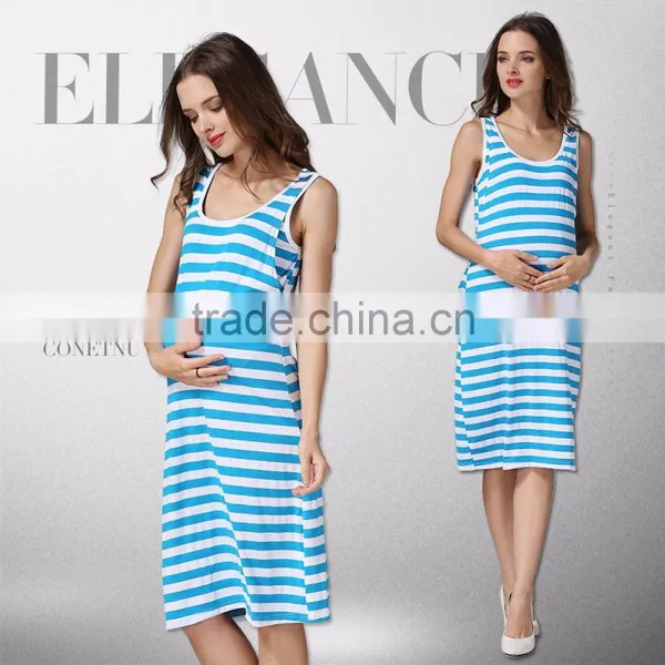 White and Blue Strips Maternity Dress Korean Style Nursing Clothing Athleisure Hide Breastfeeding Opening Skirts photo-4