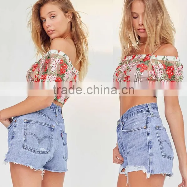 Sexy Mesh Embroidered Floral Tops off Shoulder Ladies Blouse photo-3