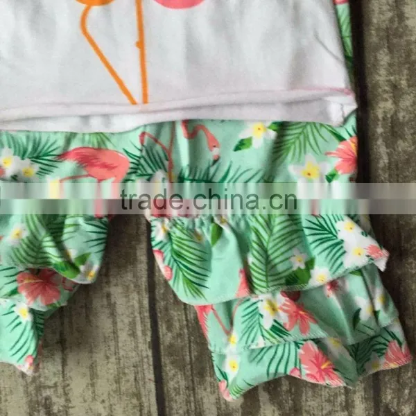 New Girls Outfit Flamingo Set White Coral Mint Kids Boutique Short Sets Ruffles Cotton Girls Clothing Matching With Accessories photo-4