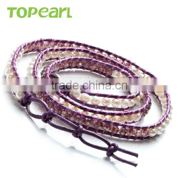Topearl Jewelry Potato White Freshwater Pearl and Faced Amethyst Bracelet Woven Leather Wrap Bracelets for Best Friends CLL166 photo-3