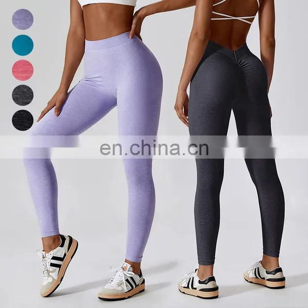 Wholesale V Back Gym Pants Tights High Waist Scrunch Butt Lifting Workout Running Quick Dry Seamless Yoga Leggings For Women photo-4