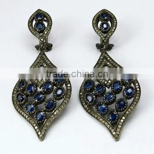 Bring The Heat !! Blue Sapphire & Diamond 925 Sterling Silver Earring, Dangler SIlver Earring, Indian Fashion Silver Jewelry photo-2