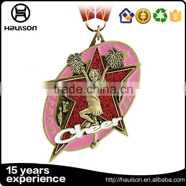 High Quality Wholesale Custom Medals Five Stars Red Glitter Insert Diecast Zinc Alloy Imitation Gold Plating Cheer Sports Medal