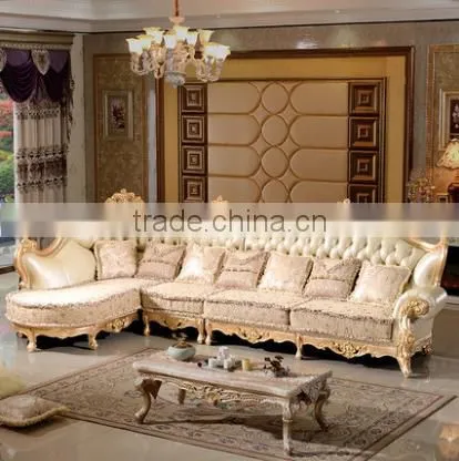 Luxury European Style Solid Wood Golden Carving Genuine Leather Back Matching Fabric Seat Living Room Corner Sofa Set photo-2