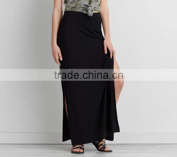 Latest Skirt Design Pictures Women Fashion Plain Dyed Cotton Solid Black Slit Maxi Skirts Women Long Maxi Skirts photo-5