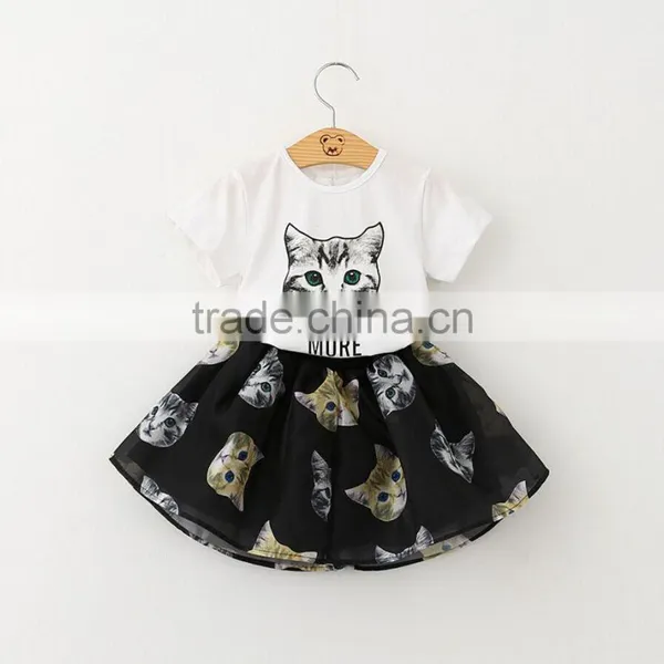2016 Summer Children's Clothing Sets 3 d Cartoon Cat Printed t Shirt and Skirt Twinsets photo-3