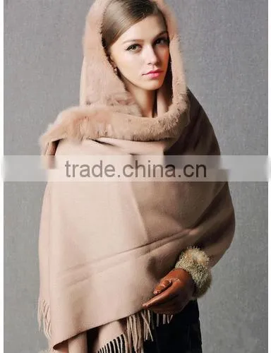 CX-B-P-21 Women Fashion Cashmere Pashmina Shawl With Fur Trim photo-3