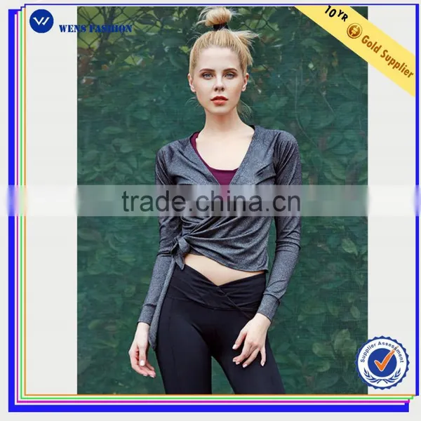2016 Fashion Wholesale Gray Bandage Surplice Neck Chinlon Cropped Jacket for Womens photo-2