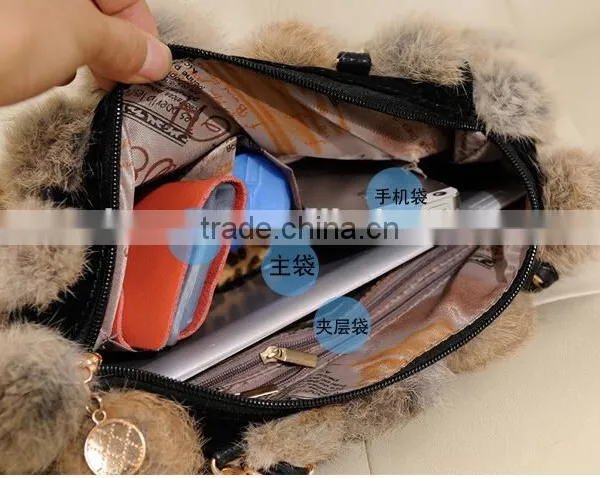 100% Real Rabbit Woman Bucket Handbag Rabbit Fur Ball Ladies Shoulder Bag photo-5