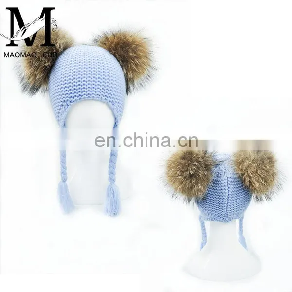 High Quality Fashionable Kids Beanie Hats With Two Fur Pom Poms Baby Fur Hat photo-4