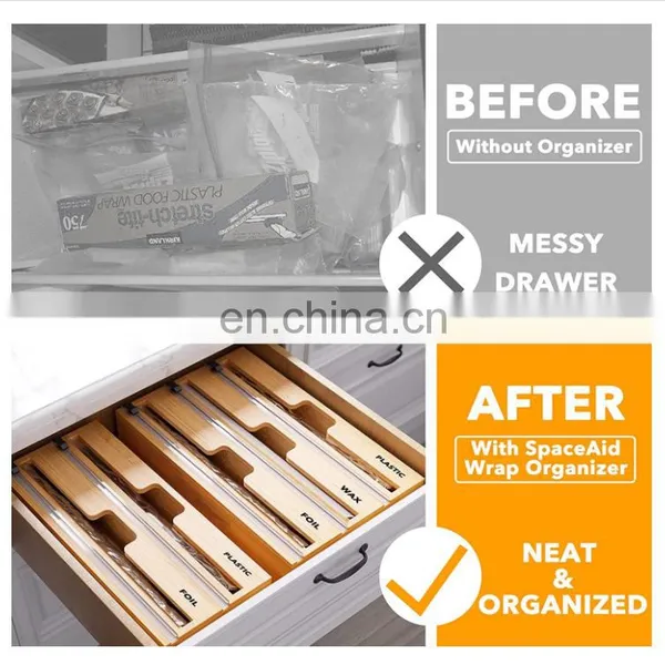 Hot Sale Custom Bamboo Wood Refillable 2 in 1 Plastic Wrap Foil Wrap Dispenser With Slide Cutter Kitchen Storage Dispenser photo-3