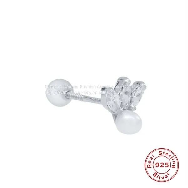 S925 Sterling Silver Triple CZ Marquise Pearl Earrings for Girls photo-4