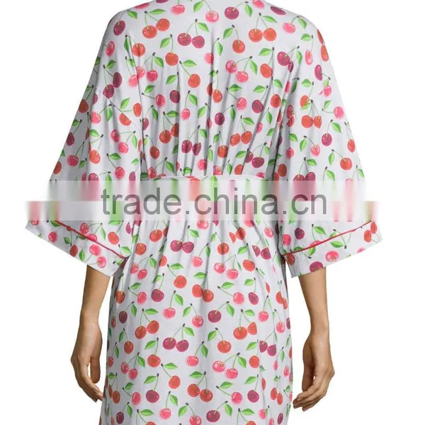 Wholesale Cheap Lovely Sweet Womens Cherry Printed Cotton Spandex Jersey Kimono Short Robe photo-2