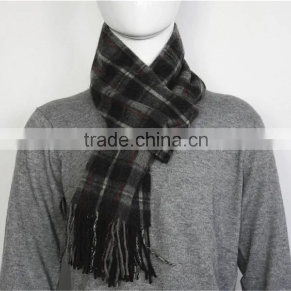 Gray Yarn Dyed Checked Pure Wool Scarf With Fringe