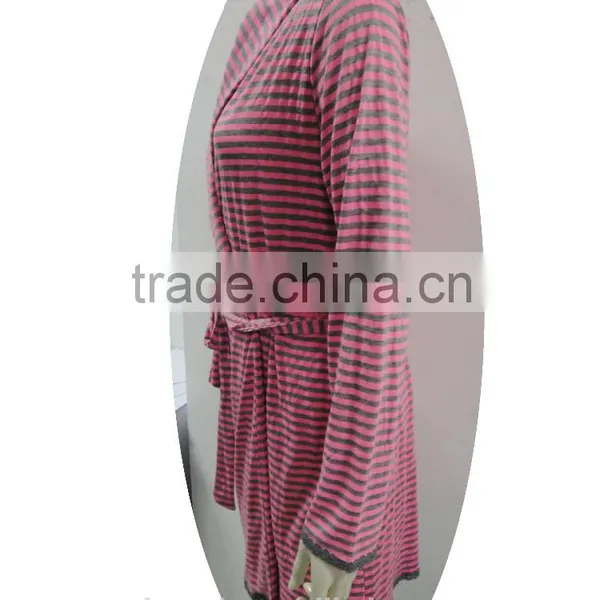 Color Stripe Buckle Fastener Night-robe With Lace Trimming photo-3