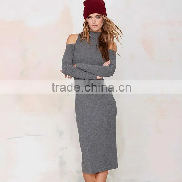 Plain Grey Slim Fit off Shoulder Long Sleeve Evening Dress photo-3