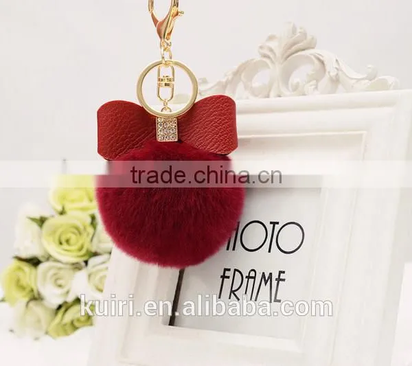 Sweety Cute Koreal Style Rex Rabbit Fur Balls Keychain With Bowknot Leather Keychain photo-2