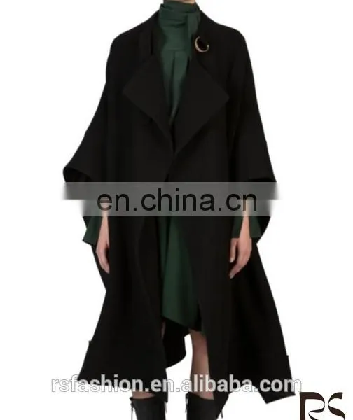 Ladies Oversized Wool-blend Cape Buckled Collar Open Front Heating Mantle Dust Coat