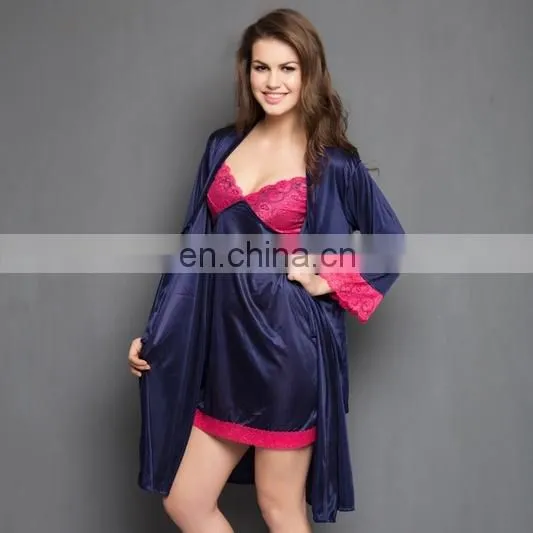 2 Pcs Satin Nightwear Set in Maroon & Black - Short Robe & Nightie photo-4