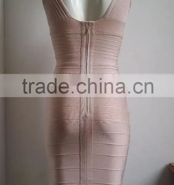 Summer Dress Wholesale Top Quality 2015 New Fashion Women Attractive Rayon Stretch v Neck Nude Sey Mini Bodycon Evening Party Ba photo-2