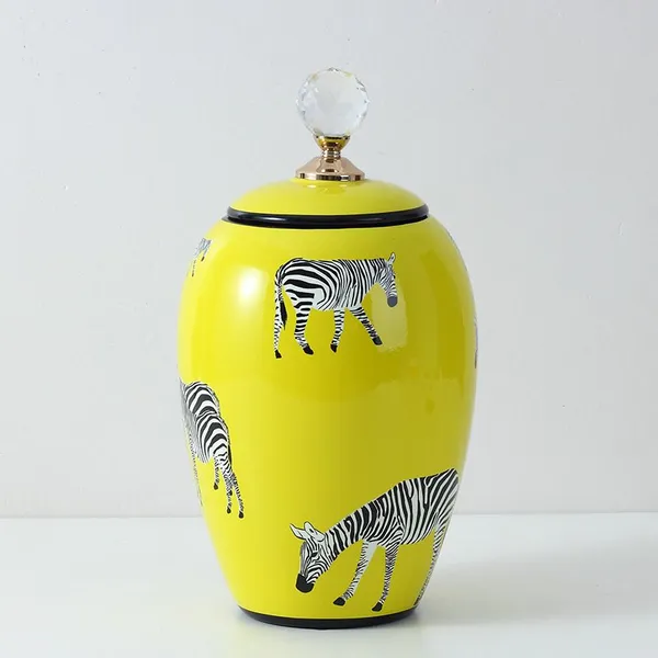 Nordic Style Modern Cylinder Tableware Yellow Zebra Painting Ceramic Flower Storage Vases With Round Crystal Lid For Dining Room photo-2