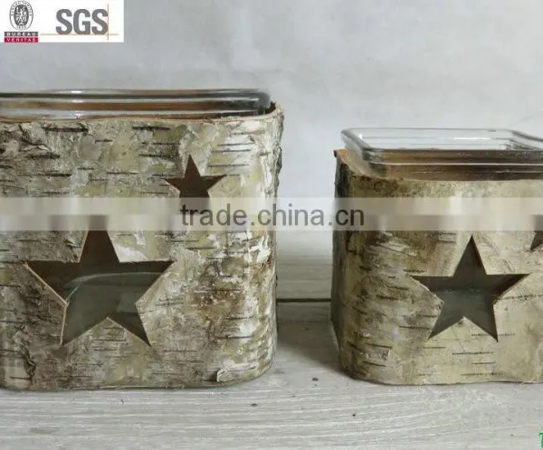 Natural Material Wooden Birch Bark Glass Candle Holder photo-3