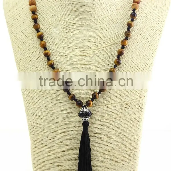 Unisex Women Wooden Beaded Necklace Gemstone Pendant Necklace With Tassel photo-5