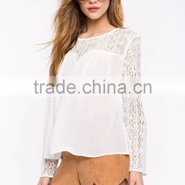 Contrast Solid Body Sweetheat Hem White Lace Blouse,women Crocheted Blouses photo-3