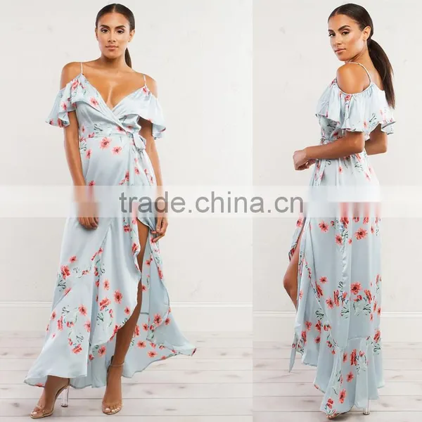 Mature Women Floral Wrap Dresses 2018 Cold Shoulder Frill Maxi Dress photo-2