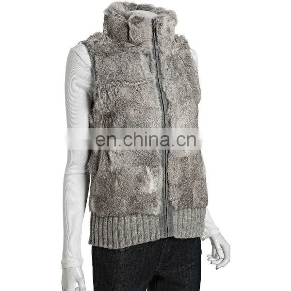 Cutting Genuine Rabbit Fur Knit,zip Front Vest /dyed Gray photo-2