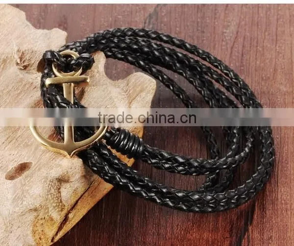 Multilayer Handmade Woven Leather Bracelet Stainless Steel Gold Boat Anchor Alloy Charms Man Anchor Bracelets photo-5