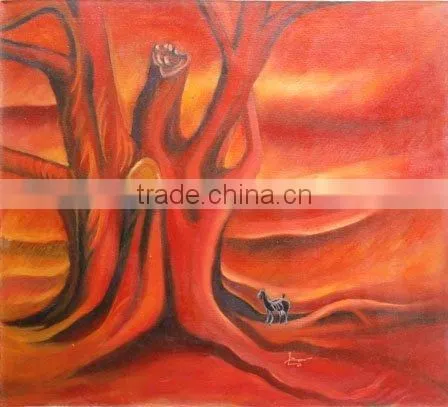 oil on canvas goat in forest red painting