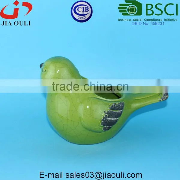 BSCI Factory Ceramic Bird Figurines, Crakle Glazed Green Bird Flower Pot photo-3