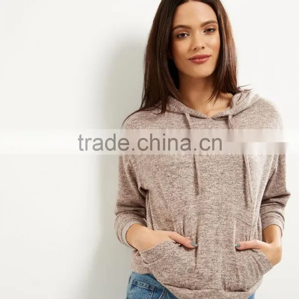 Crop Hoodies Women Simple Long Sleeves Grey Brushed Marl Cropped Top Hoodie photo-2