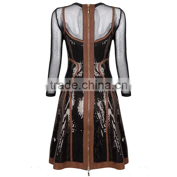 2015 High Quality Round Neck Long Sleeve Knee Length Celebrated Dress With Mesh photo-2