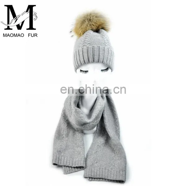 Factory Direct Wool Knitted Scarf Women Fur Pompom Winter Hat And Scarf Set photo-2