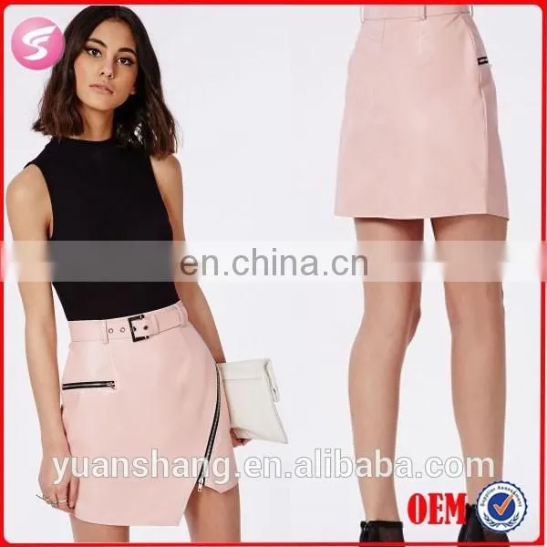 2015 Pink Mature Woman Leather Skirt Asymmetric Mini Skirt