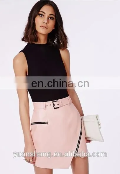 2015 Pink Mature Woman Leather Skirt Asymmetric Mini Skirt photo-4