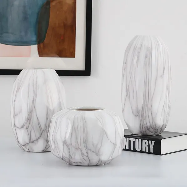 Marbling Ceramic Vase Hand Made White Flower Vase for Home Decoration photo-4