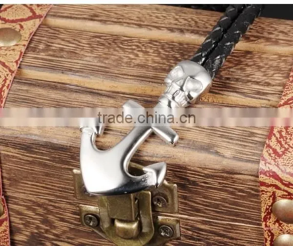 Cheap Stainless Steel Skull Boat Anchor Double Braided Leather Bracelet Punk Rock Style photo-5
