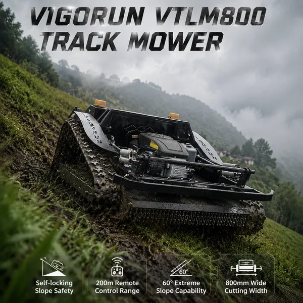 Vigorun VTLM800 Гусеничный газонокосилка с шириной резания 800 мм, способный работать на склонах до 60 градусов, радиоуправляемый газонокосилка для очистки лесных участков
