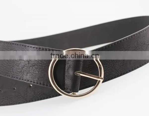 Women's Fashion Belt With Black PU Leather & Gold Circle Buckle in Chinese Factory photo-6