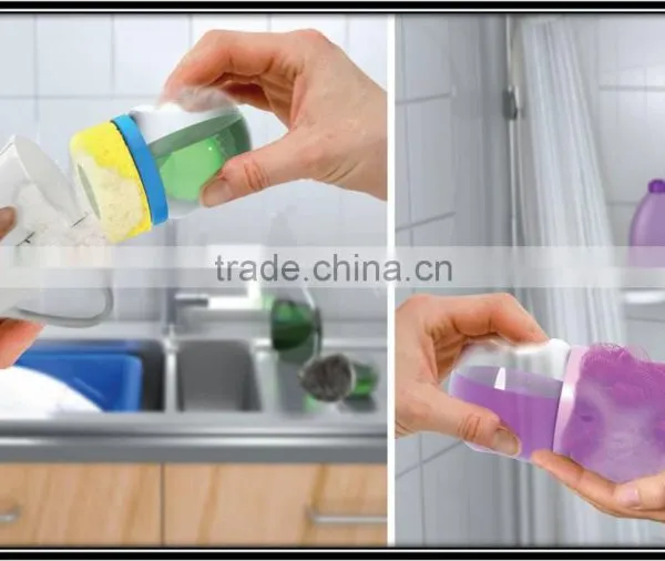 Cleaning Container With Liquid Soap and Sponges