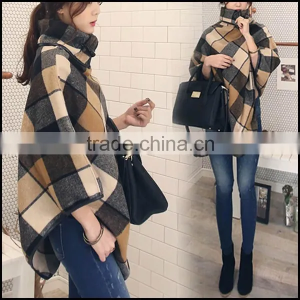 Oem Wholesale Fashion Women Hoodie Hooded Cape Cloak Wool Plaid Poncho Coat Shawl
